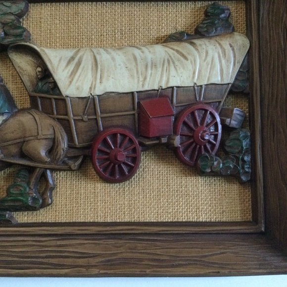 Vintage 3D Faux Wood Carved Horse Buggy Wall Hanging Retro Décor - Picture 4 of 7